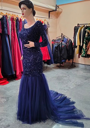 Blue Long Sleeves Embroidery Beaded Evening Gown (02170605) - eDressit